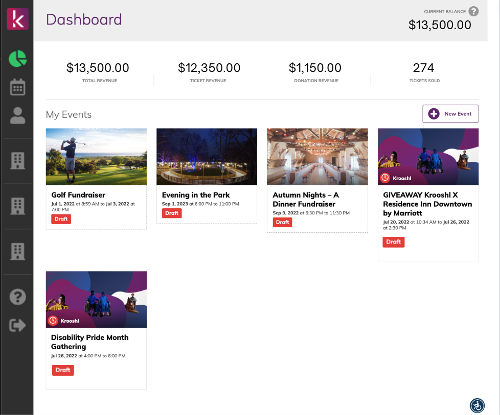 Krooshl.com event dashboard